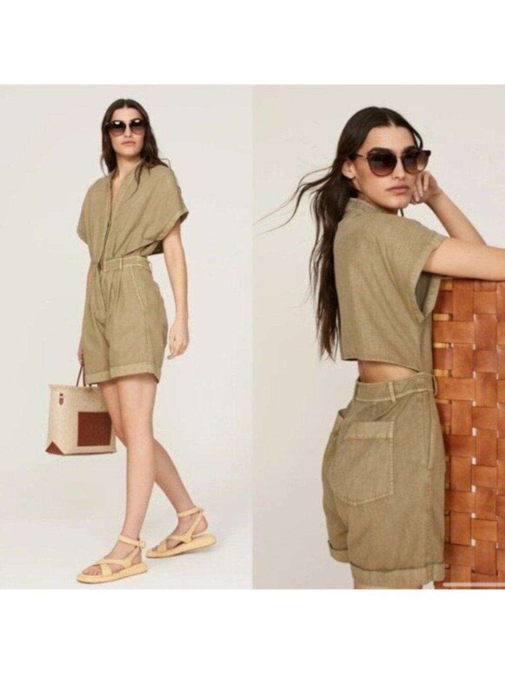Vanessa Bruno Atalante Linen Romper L Olive Cutout Utility Playsuit Khaki Pocket